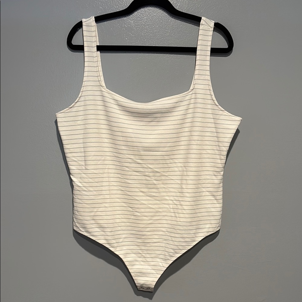 Express White Cream Striped Scoop Neck Bodysuit